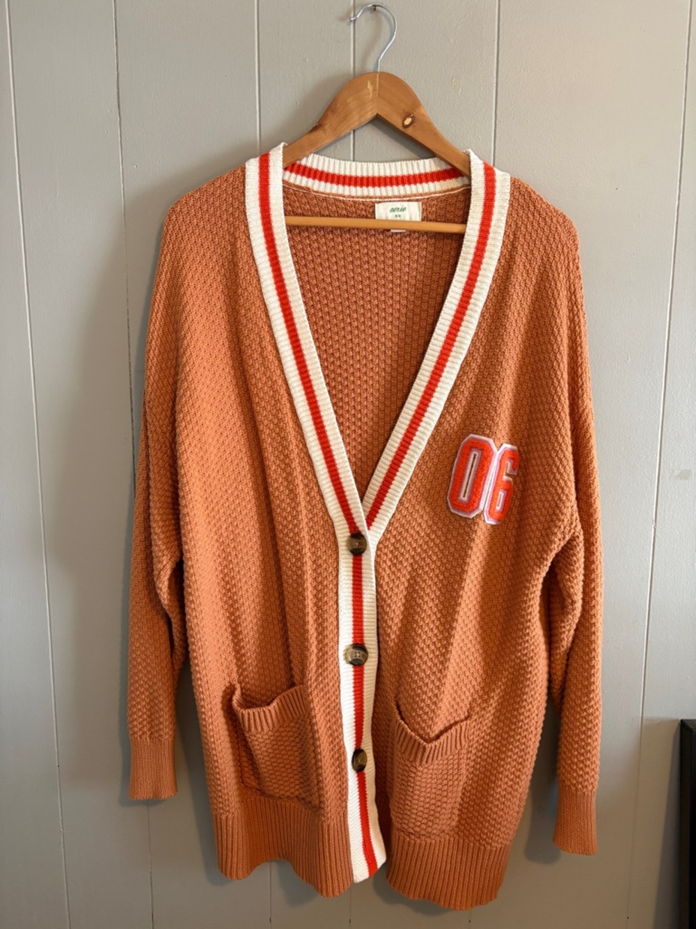 Aerie Rust Knit Cardigan with Contrast Trim and '06' Patch